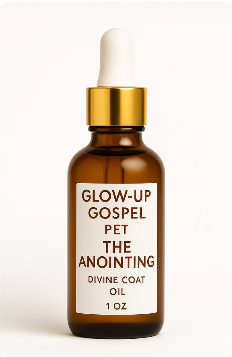 Bottle of Glow-Up Gospel PET 'The Anointing' divine coat oil, 1 oz, with a gold cap on a white background