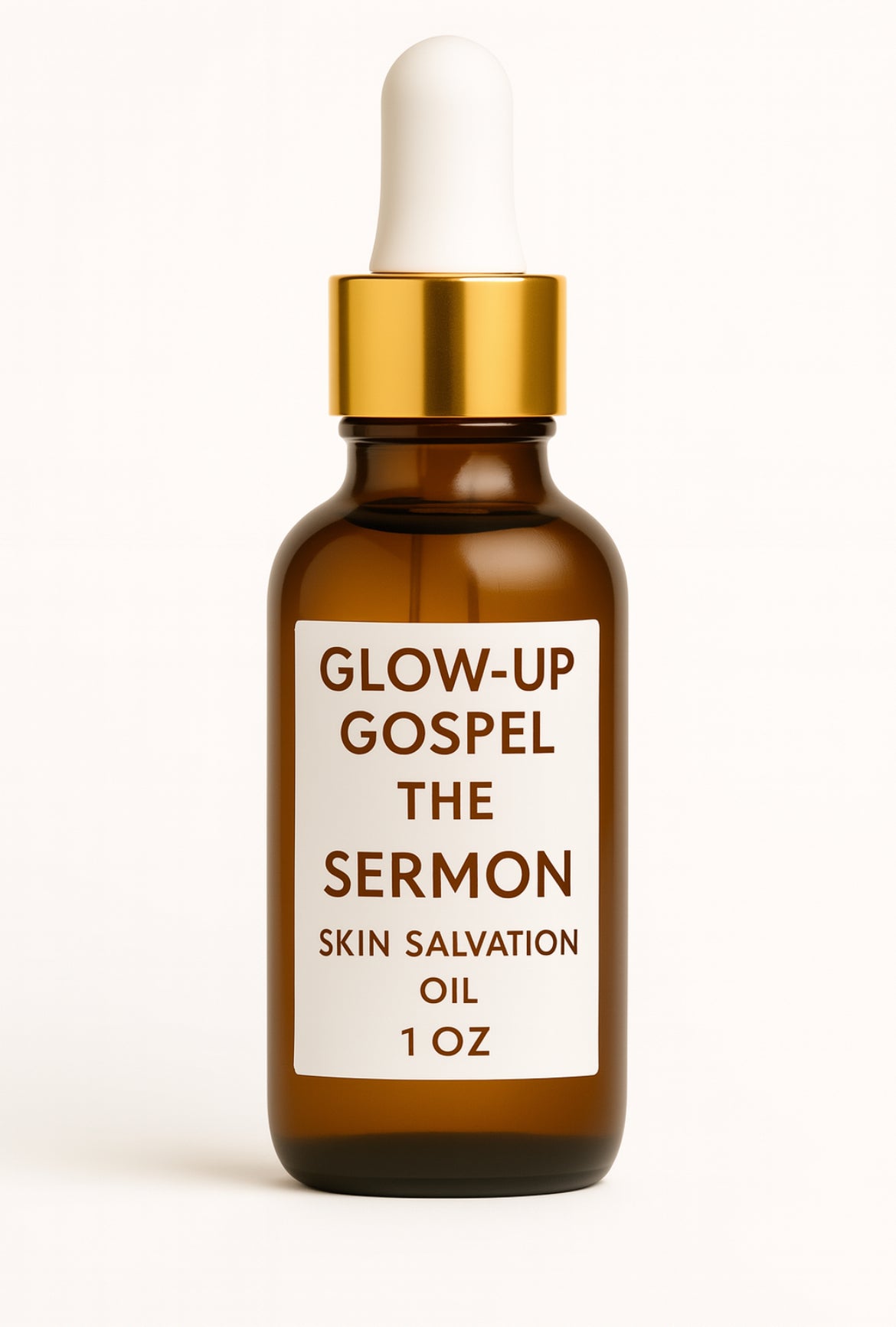 Bottle of Glow-Up Gospel 'The Sermon' skin salvation oil, 1 oz, with a gold dropper cap on a white background