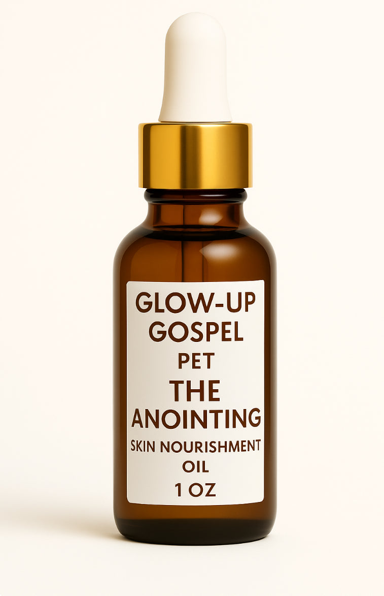 Glow-Up Gospel PET ‘The Anointing’ 1 oz skin nourishment oil in amber dropper bottle with gold cap on white background