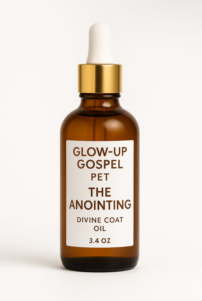 Bottle of Glow-Up Gospel Pet 'The Anointing' divine coat oil with a gold cap on a white background, 3.4 oz