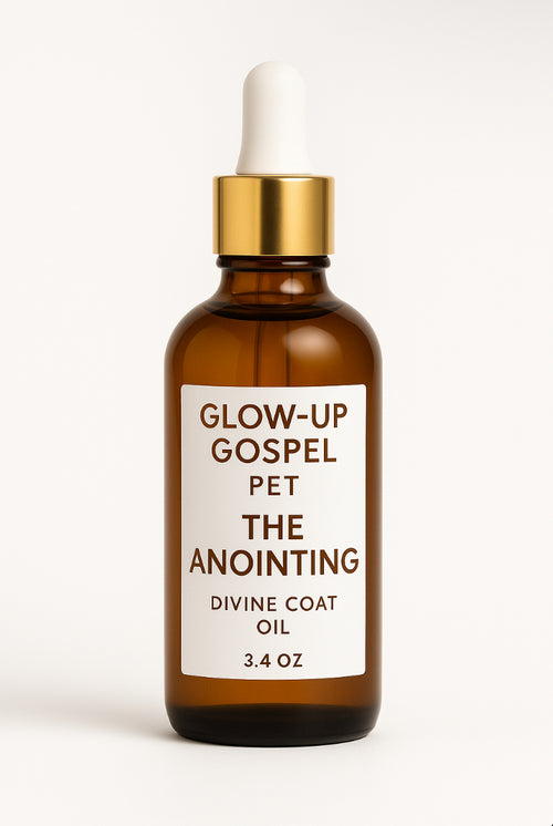 Bottle of Glow-Up Gospel Pet 'The Anointing' divine coat oil with a gold cap on a white background, 3.4 oz