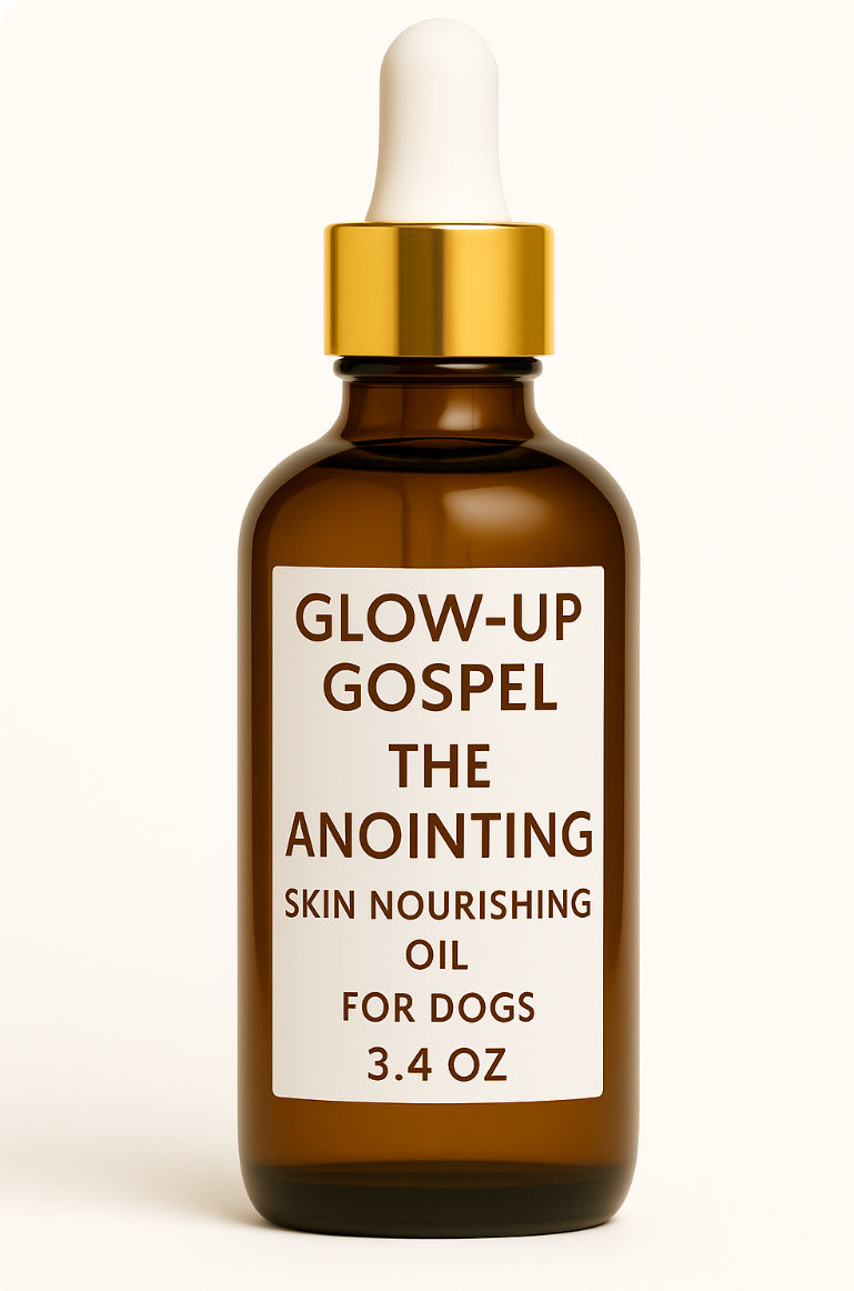 Glow-Up Gospel ‘The Anointing’ 3.4 oz skin nourishing oil for dogs in amber dropper bottle with gold lid on white background
