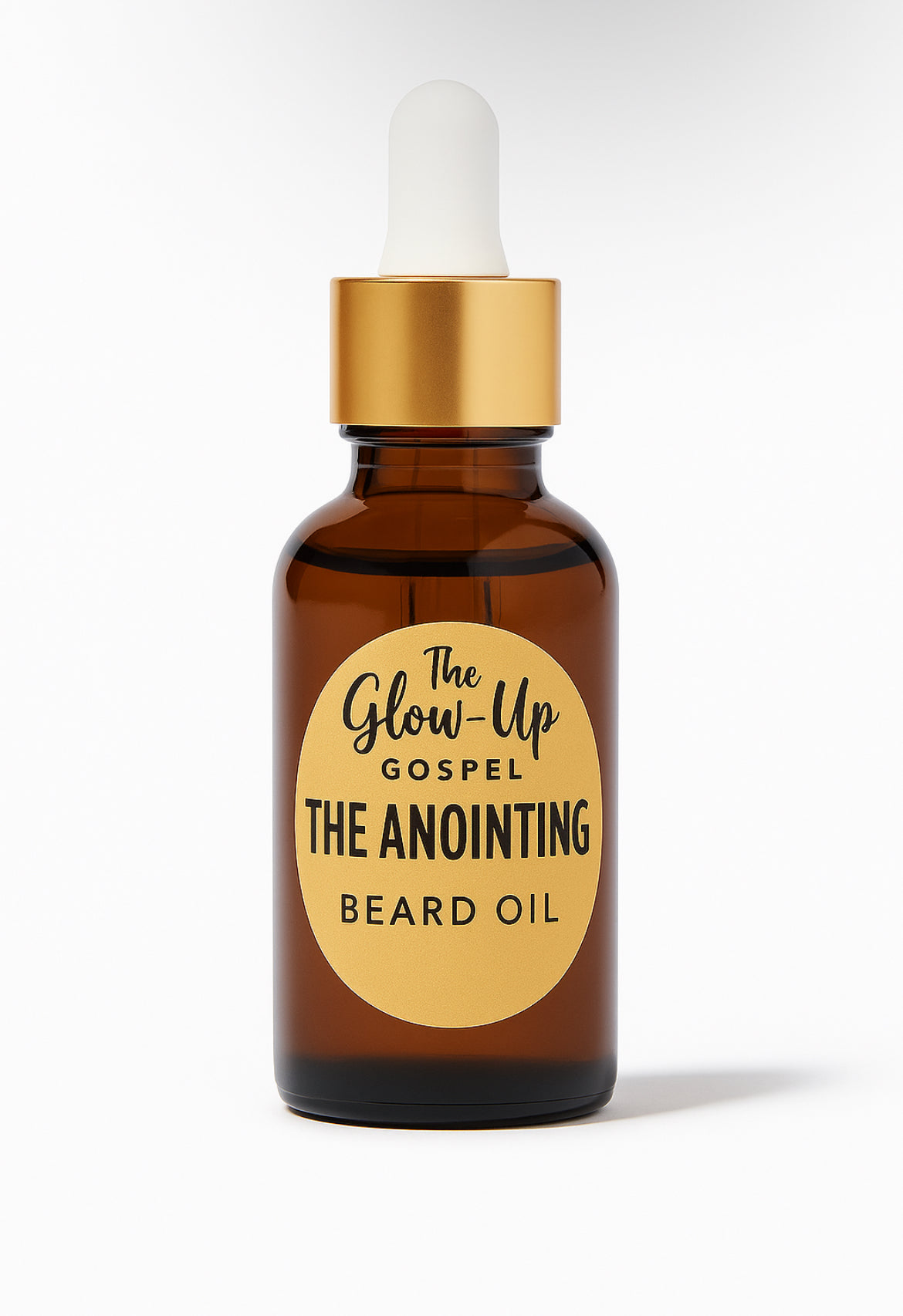 Glow-Up Gospel The Anointing Beard Oil in a brown dropper bottle with a gold cap on a white background