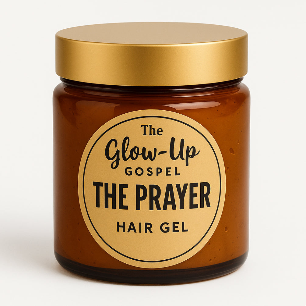 Glow-Up Gospel The Prayer Hair Gel in an amber jar with a gold lid on a white background
