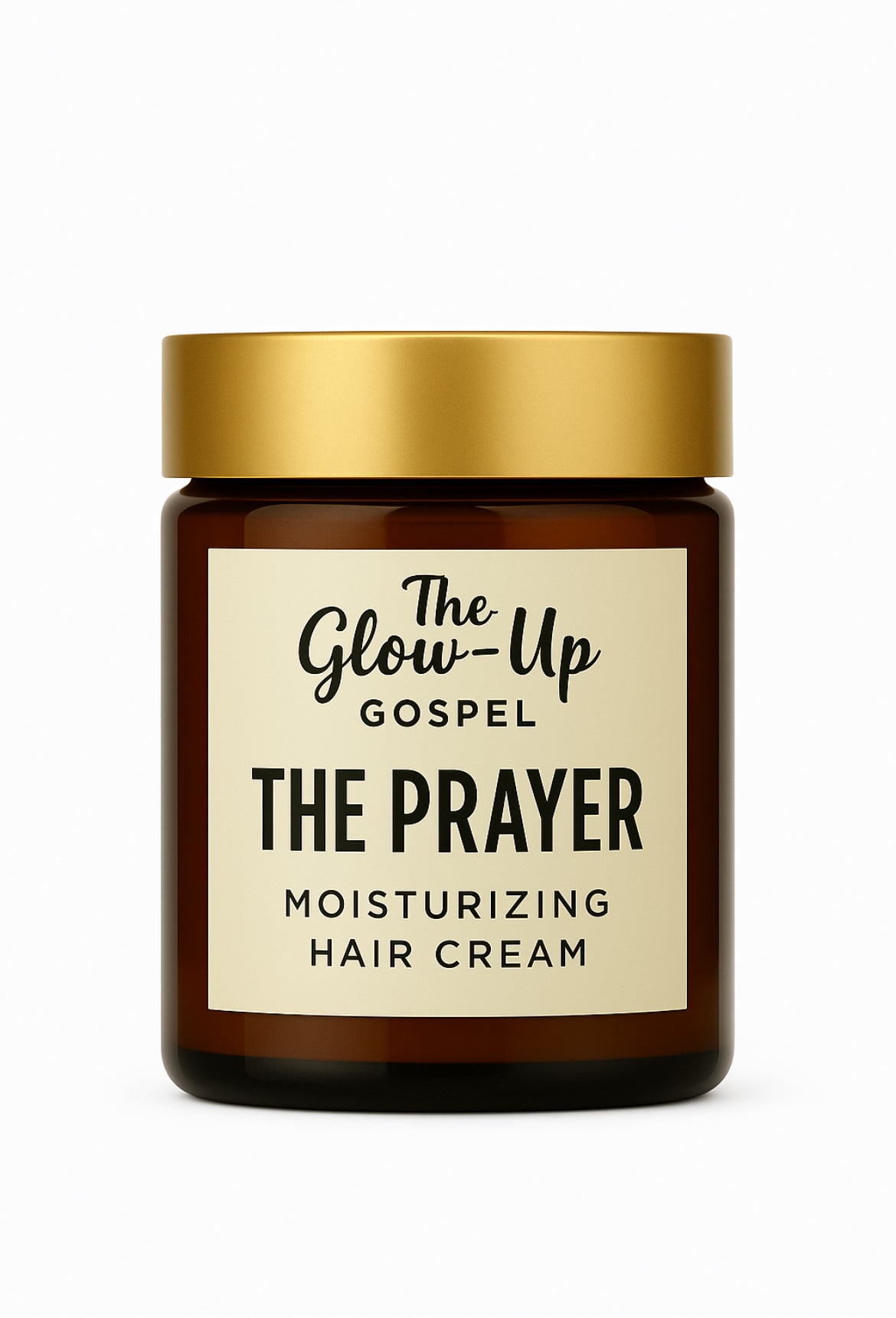 Jar of Glow-Up Gospel 'The Prayer' moisturizing hair cream with a gold lid on a white background