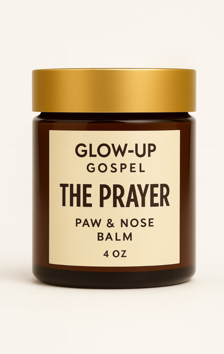 Jar of Glow-Up Gospel ‘The Prayer’ paw and nose balm with a gold lid on a white background