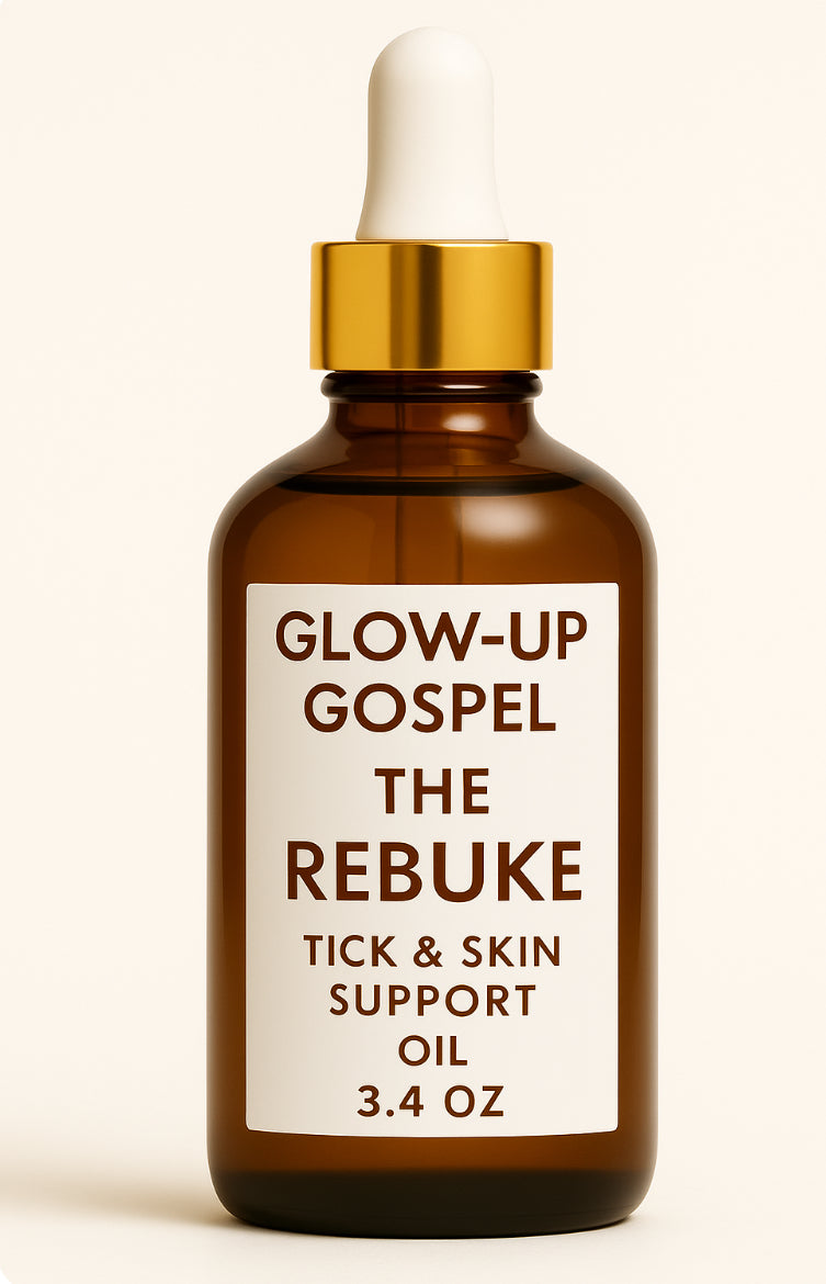 Glow-Up Gospel ‘The Rebuke’ 3.4 oz tick and skin support oil in amber dropper bottle with gold cap on beige background