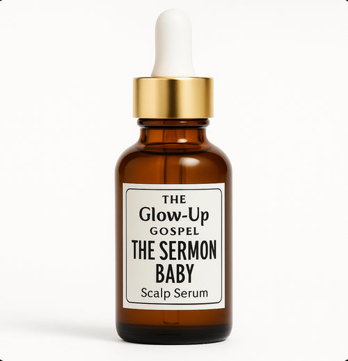 Glow-Up Gospel The Sermon Baby Scalp Serum in a brown bottle with a gold dropper cap on a white background