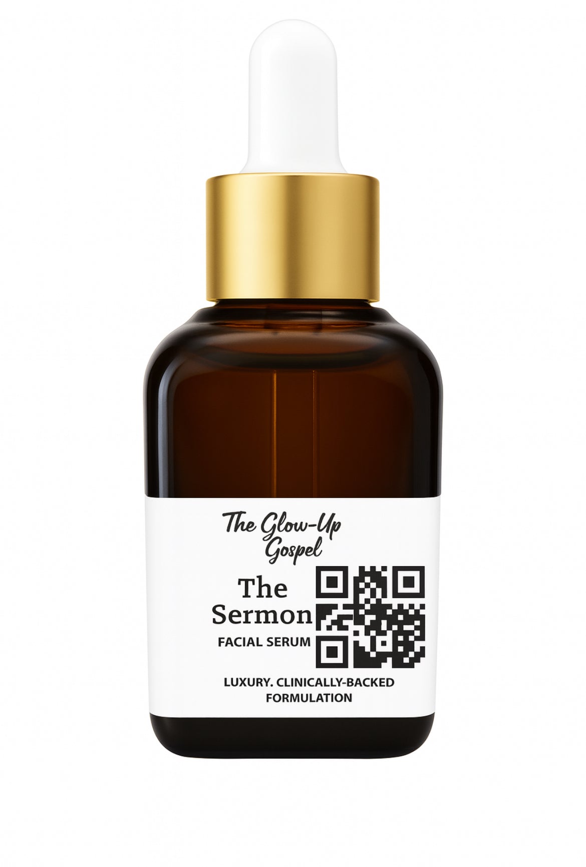 Glow-Up Gospel The Sermon Facial Serum in a brown glass dropper bottle with gold cap and white label featuring a QR code, on a white background