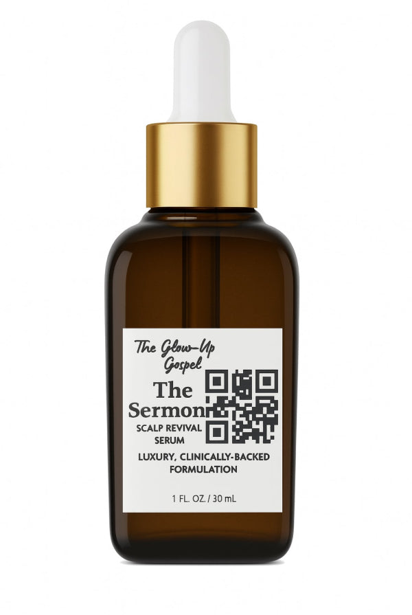Glow-Up Gospel The Sermon Scalp Serum in a brown glass dropper bottle with gold cap and QR code label, displayed on a white background