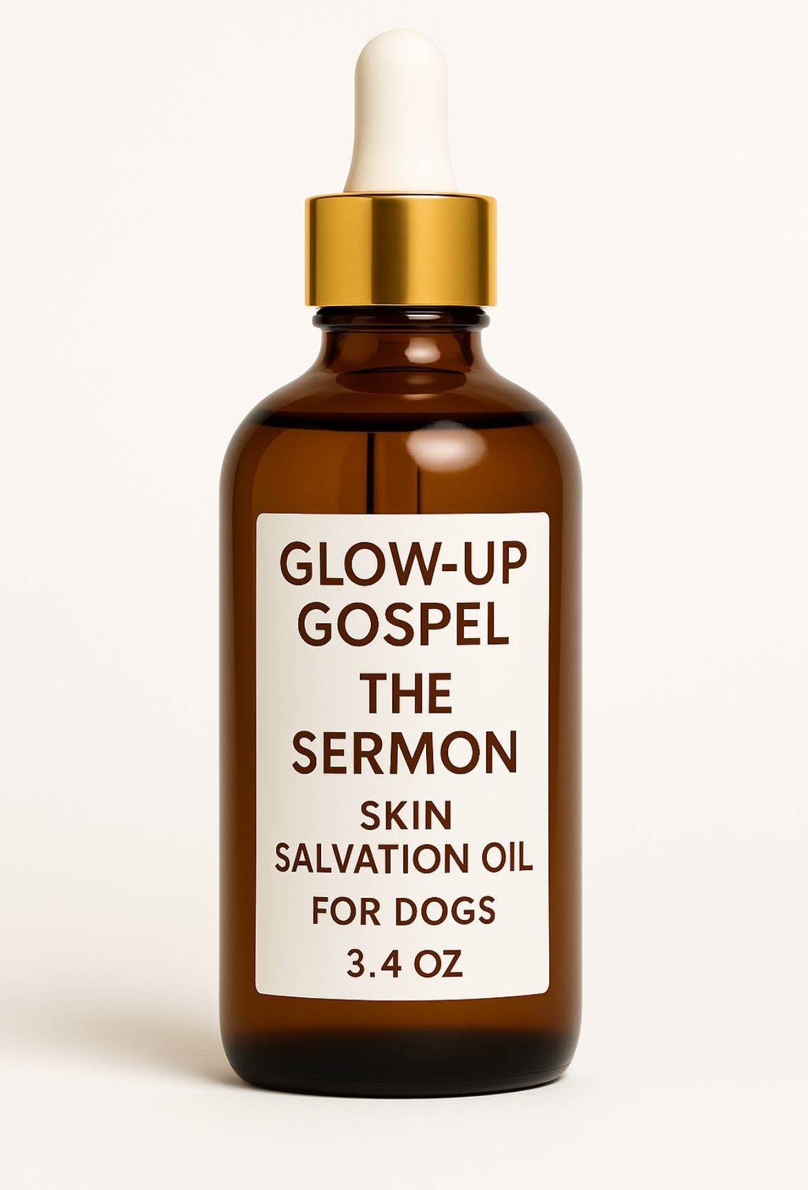 Bottle of Glow-Up Gospel 'The Sermon' skin salvation oil for dogs, 3.4 oz, with a gold dropper cap on a white background